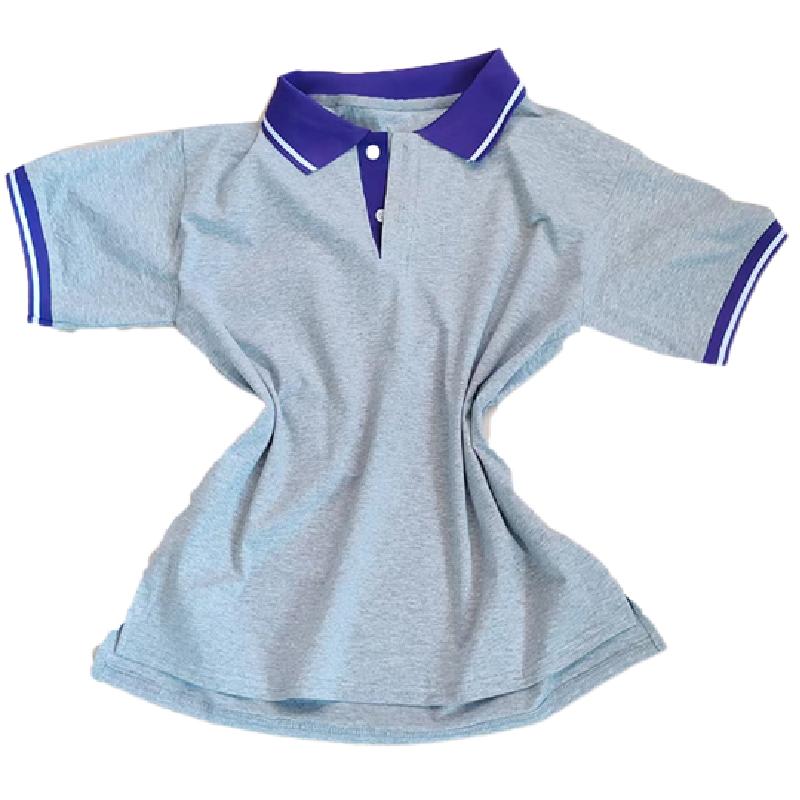 浅灰校服短袖紫色领拼白条袖口紫拼白条男女通用学生班服POLO衫棉