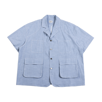 NOEARS夏季痞帅蓝色多口袋衬衫日系复古设计感宽松短袖通勤上衣男