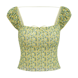 Go Girl Go 自制欧美复古水果满印方领短款T恤女夏修身泡泡袖短袖