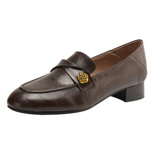 达芙妮尖头乐福鞋女2026新款春季棕色通勤单鞋女士皮鞋一脚蹬女鞋