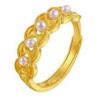 潮宏基非遗花丝千金黄金珍珠戒指足金戒圈手饰古法镂空蕾丝复古卟