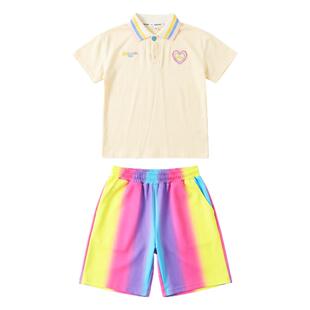 女童装套装夏季儿童彩虹渐变百褶裙小女孩多巴胺POLO衫短袖两件套