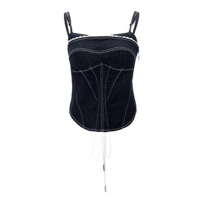 诱货蓝色撞色花边牛仔吊带甜酷