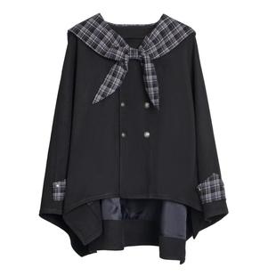 现货即发【雪国探秘】斗篷学院拼接格纹领巾外套设计感衬衫