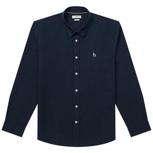 Hazzys哈吉斯夏季男士休闲通勤净色简约棉麻混纺尖领衬衫长袖上衣