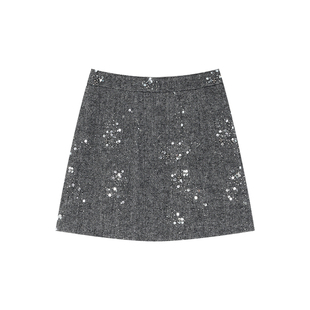 姜雯'亮片半裙'复古百搭显瘦毛呢冬季半身裙灰色A字短裙2025新款