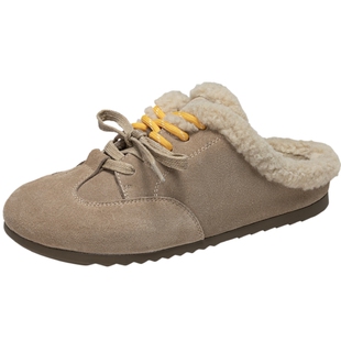 千百度复古一脚蹬勃肯鞋女款拖鞋冬季气质平底舒适鞋毛毛拖鞋百搭