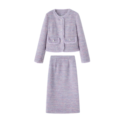 25冬装紫色V领水貂毛白鸭绒套装