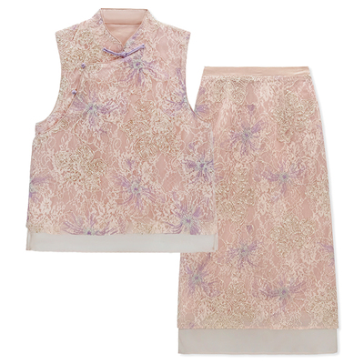 新中式风粉紫色刺绣马甲半裙套装