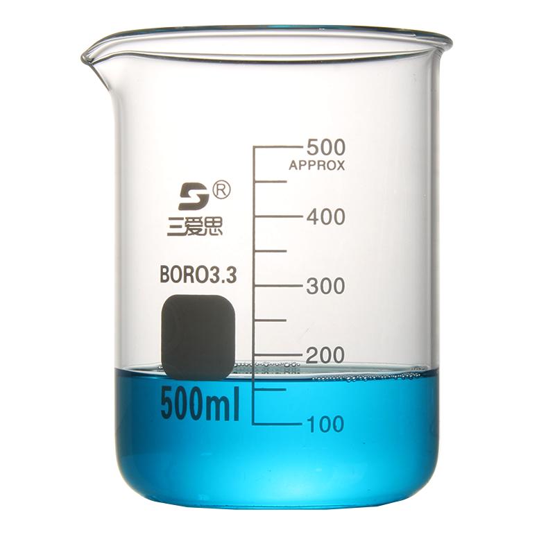 三爱思玻璃烧杯耐高温明火加热25 100 300 500 1000ml 1-20升水杯高硼硅带手柄刻度实验烧杯器材烘焙低型量杯