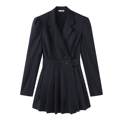 SLY 清冷知性风气质附腰带收腰垫肩西装百褶连衣裙030HAA33-2191