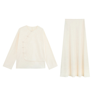 pusumede【现货5折】新中式国风套装裙提花盘扣衬衫女a字半身裙