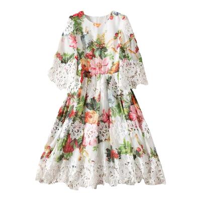 夏季新款女装雪纺拼水溶花时尚印花七分袖收腰甜美淑女花边连衣裙