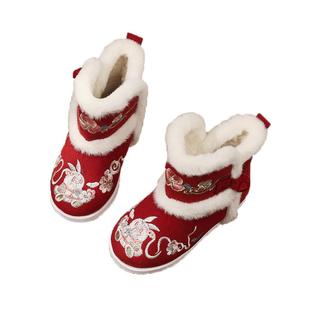 汉服鞋子女童冬季加绒中式古风雪地靴宝宝儿童布鞋手工棉鞋绣花鞋