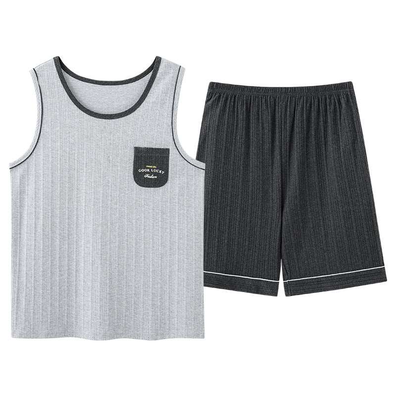 睡衣男士夏季纯棉无袖短裤青中年爸爸家居服背心宽松大码套装薄款