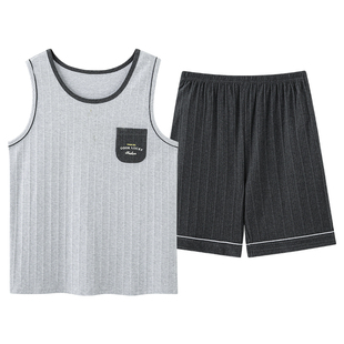 睡衣男士夏季纯棉无袖短裤青中年爸爸家居服背心宽松大码套装薄款
