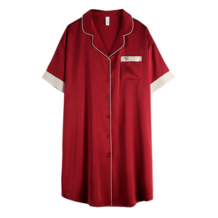 冰丝睡裙女士夏季薄款短袖睡衣仿真丝绸新娘结婚红色晨袍女家居服