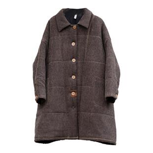 复古风柞蚕丝老织布翻领棉衣 中长款宽松拙朴旧感厚外套