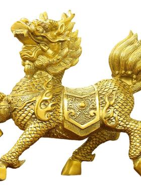 送子黄铜火麒麟摆件一对公母吉祥