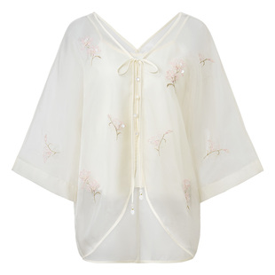 MAXRIENY优雅度假风钉珠绣花衬衫女款v领上衣开衫高级气质感小衫