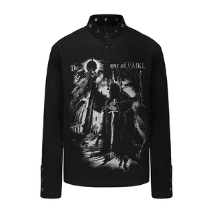 亚文化黑色V领卫衣女春季古堡印花显瘦宽松长袖vintage视觉系上衣