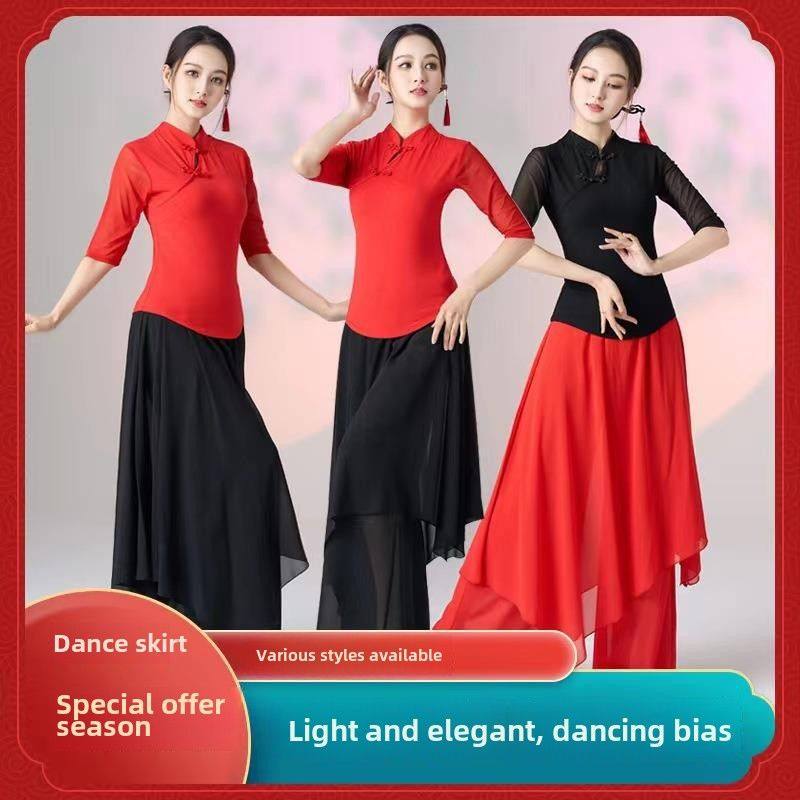 广场舞水墨立领服装新款春夏国潮古典舞练功舞网纱衣长裙裤演出服