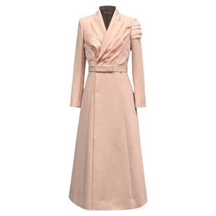 浒城古娘新款气质收腰V领粉色长袖新中式国风战袍连衣裙女款春秋