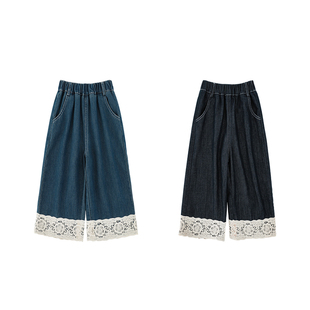 幼悠女童2026春季新款蕾丝花边宽松直筒牛仔裤不易褪色儿童九分裤