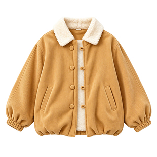 韩系灯芯绒外套女大童冬装加厚保暖羊羔毛领百搭棉服冬季加绒衣服