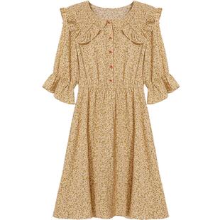 oece夏装新款女装阳光复古小碎花清新显白娃娃领喇叭袖连衣裙