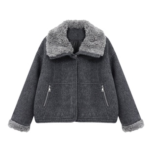 百家好高级感灰调仿羊羔毛领短款羽绒服女90白鸭绒毛绒边夹克外套