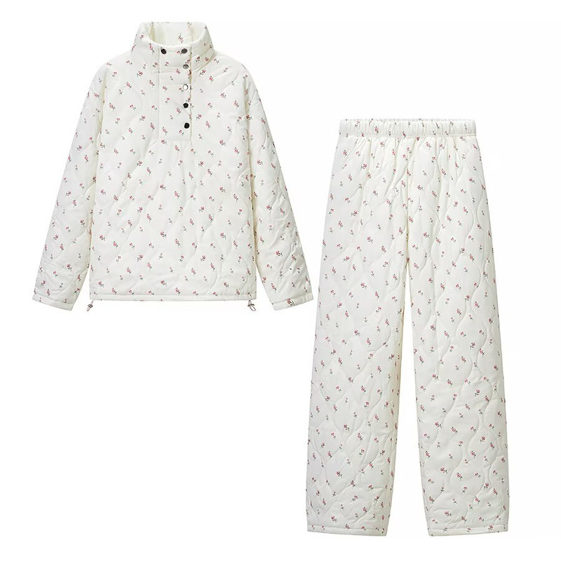 立领碎花棉服外套直筒长裤套装