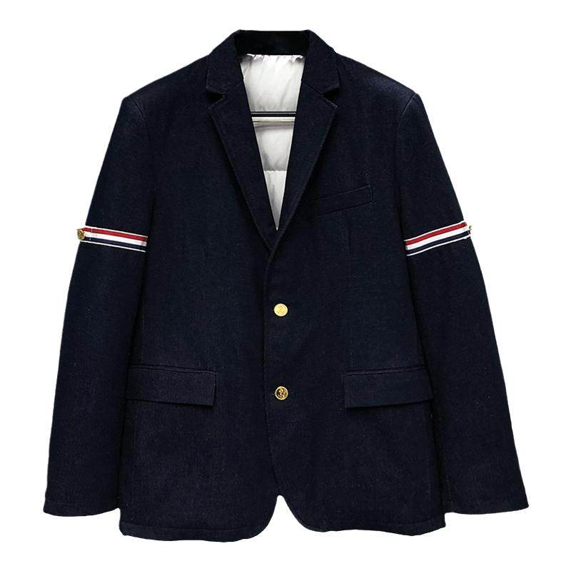 tb牛仔羽绒服西装领织带西服外套