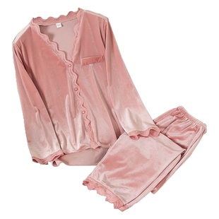 2025新款金丝绒睡衣女春秋性感蕾丝粉色长袖网红风冬季家居服套装