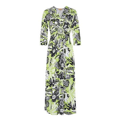 马天奴绿色印花V领收腰连衣裙