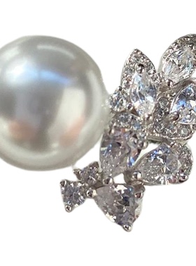 精工高奢！雀翎通体S925纯银高碳钻珍珠戒指开口极光正圆冷光澳白