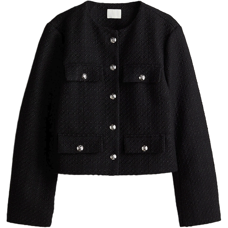 HM女装短外套秋季粗花呢千金小香风圆领长袖廓形排扣外套1231352