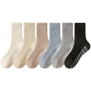 珊瑚绒袜子男中筒秋冬季保暖地板袜防滑加绒加厚款毛圈睡眠袜冬天