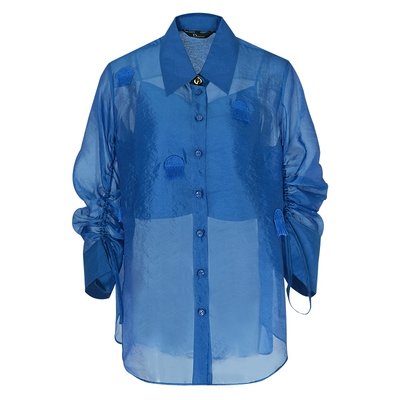 IDPAN衬衫女夏新款长袖衬衣水母绣花宝蓝色薄纱上衣