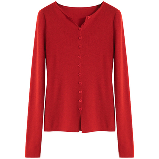 稀有概率 节日底色 新年红色羊毛混纺修身显瘦针织开衫上衣女秋冬