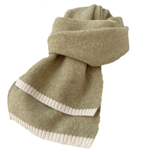 柔软舒适冷天御寒奶绿色毛线围巾秋冬季温暖感撞色休闲围脖可爱