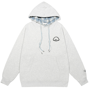 GUUKA&matsui联名小狗刺绣加绒卫衣男重磅纯棉格子连帽衫落肩上衣