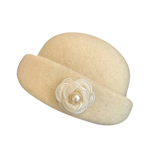 法式山茶花珍珠礼帽女秋冬赫本风显脸小渔夫帽气质千金风贝雷帽子