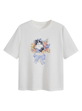 阔色可爱小猫碎花白色上衣