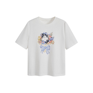 阔色可爱小猫碎花白色上衣女2026春季新款纯棉宽松短袖t恤圆领秋