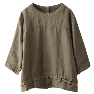 高定设计复古亚麻衬衫重工镂空钩花刺绣摆衬衣后背纽扣上衣夏