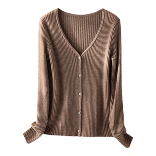 腔调范儿骨感十足！纯羊绒开衫女V领坑条修身短款羊绒毛衣女外套