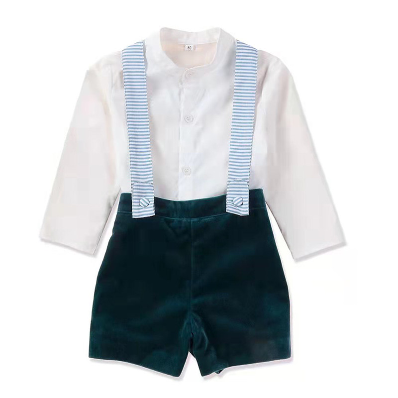 西班牙风童装春秋男童纯棉衬衣丝绒背带裤套装兄妹装生日礼服套装