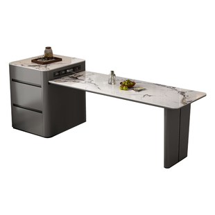 岩板岛台餐桌现代简约家用轻奢小户型可伸缩多功能餐桌椅组合饭桌