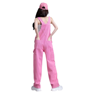 牛仔背带裤女春秋季工装粉色裤子设计感2026新款小个子阔腿连体裤